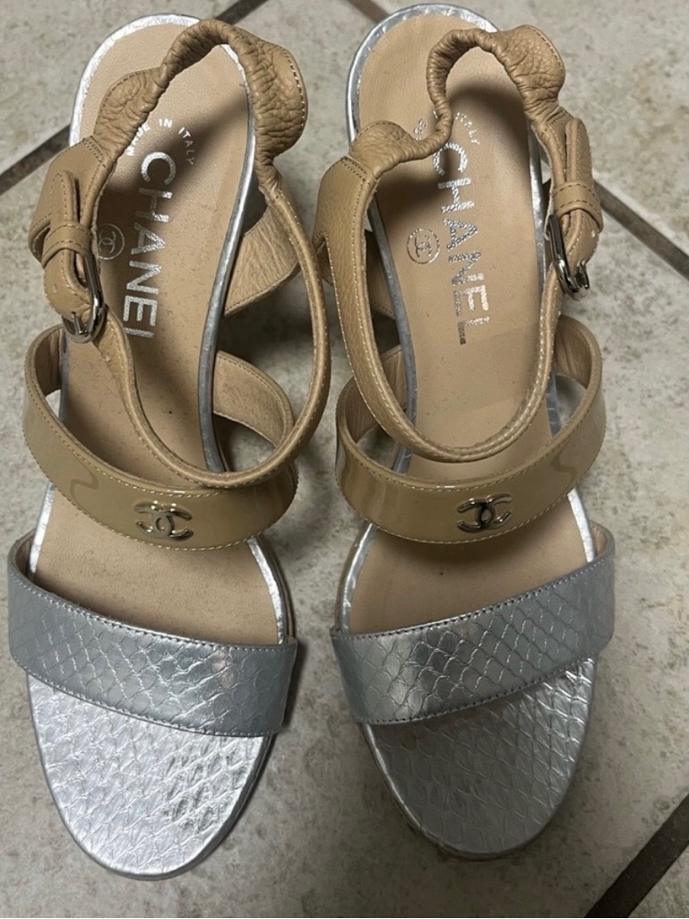 Chanel Beige And Silver Leather Slingback Sandals